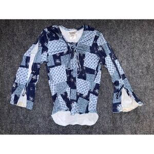 Los Angeles Express Vintage Floral Patchwork Lace Up Top Blue Y2K Medium
